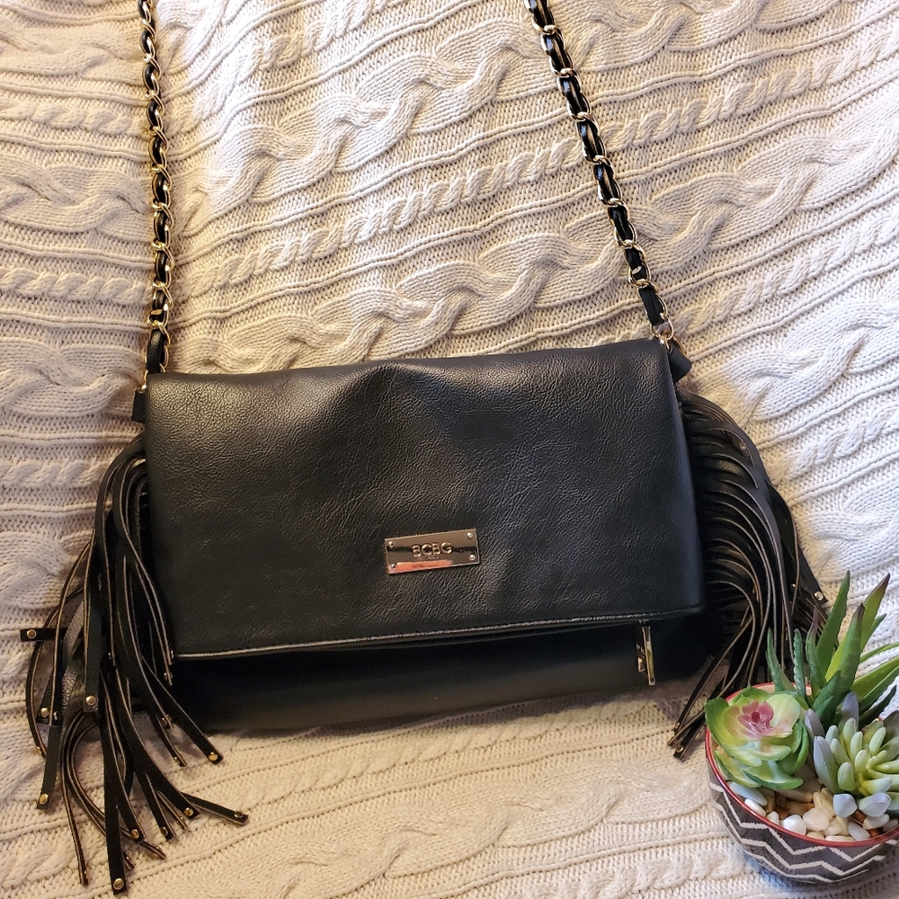 BCBG Paris Black Fringe Crossbody with Gold-Tone Chain